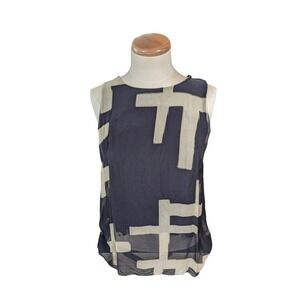 Tina Stephens Italy Silk Abstract Geometric Split Back Sleeveless‎ Top Black